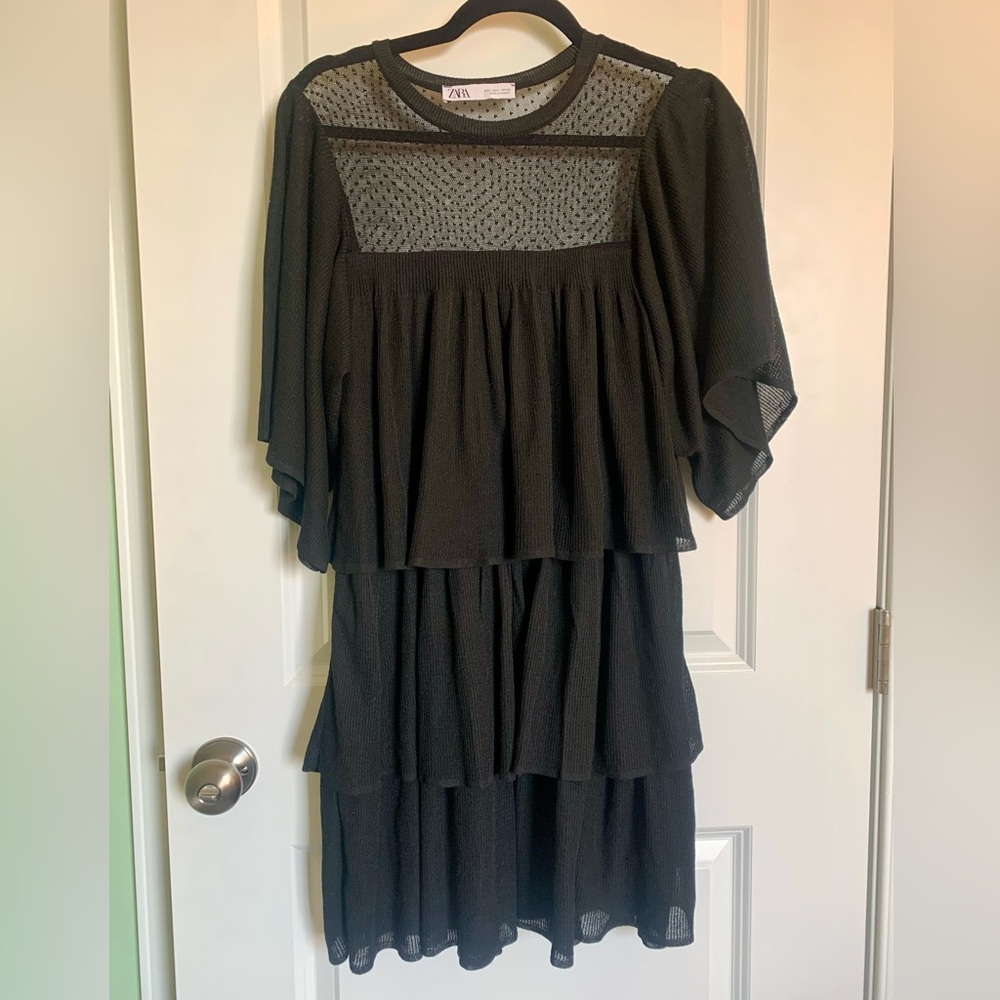 Zara Women's Black Ruffle Tiered Knit Dress Size Large